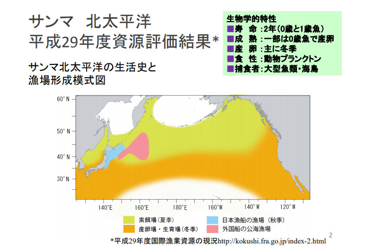 サンマ 北太平洋H29年度資源評価結果。生活史と漁場形成模式図