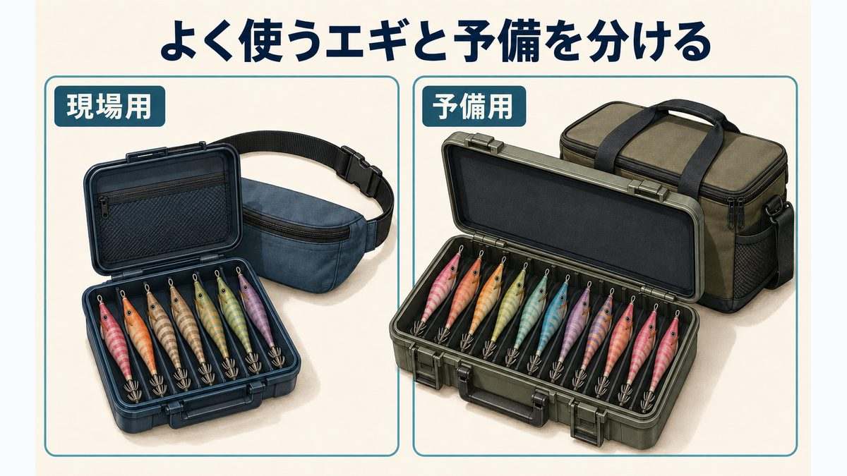 現場用のエギケースと予備用のエギケースを分ける収納の概念図