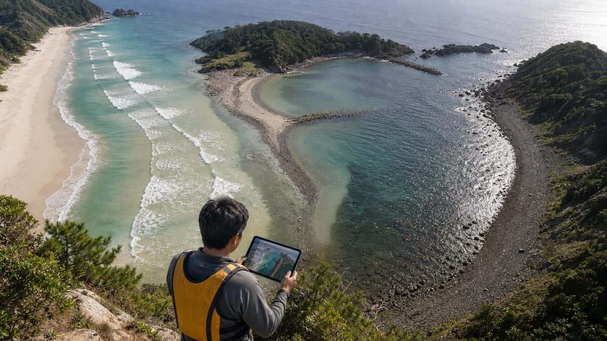 細砂の遠浅・湾曲した浜・粗い砂礫の海岸地形を見比べる