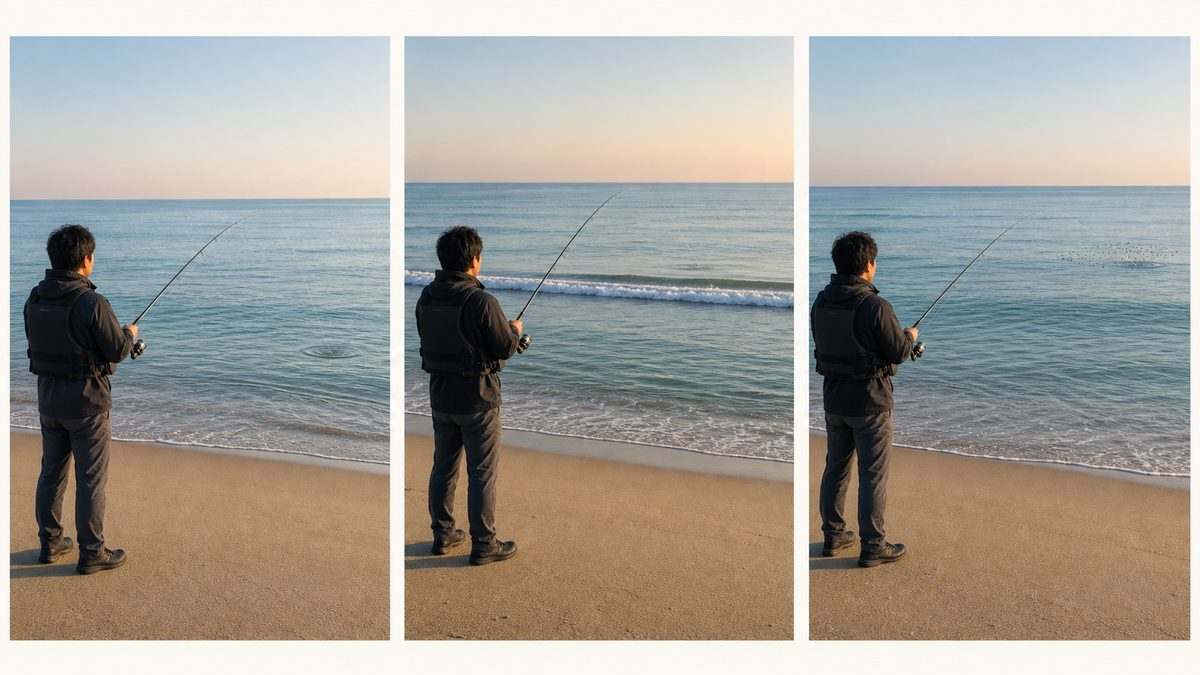 手前・中間・沖の狙い場所に応じて届かせる範囲を変える三場面