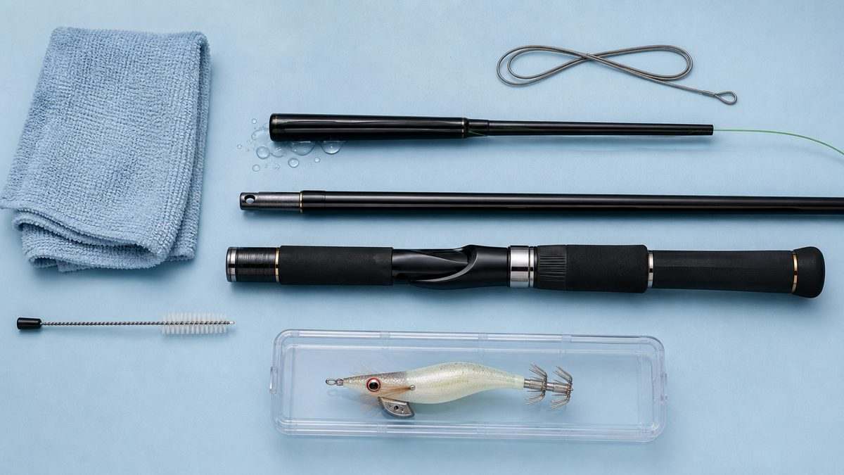 分解したインターラインロッドと糸通しワイヤー、内部清掃道具