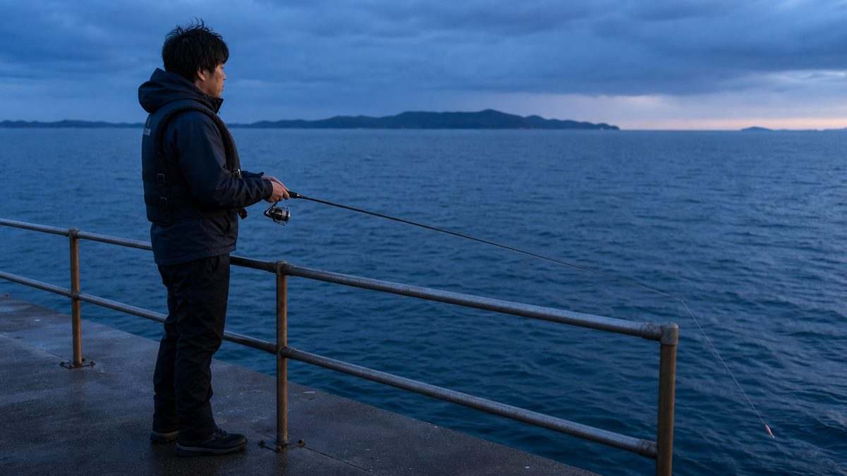 安全柵のある釣りデッキで中通しロッドを使う夜間エギング
