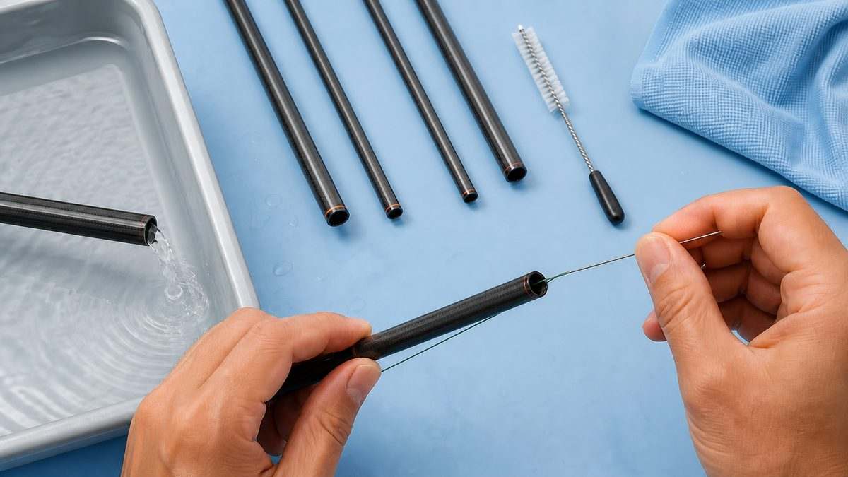 糸通しワイヤーを通し真水で内部を洗うインターラインロッド