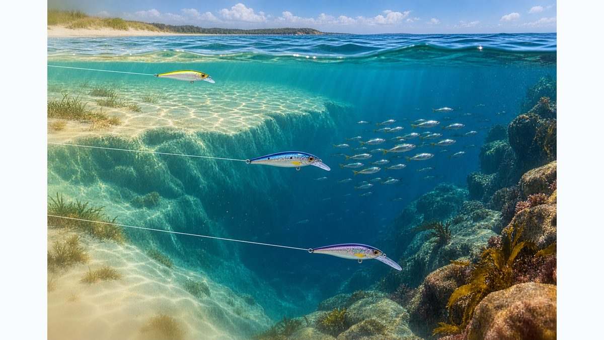 浅場から岩礁の深場まで地形と魚の層に合わせた3本のミノー