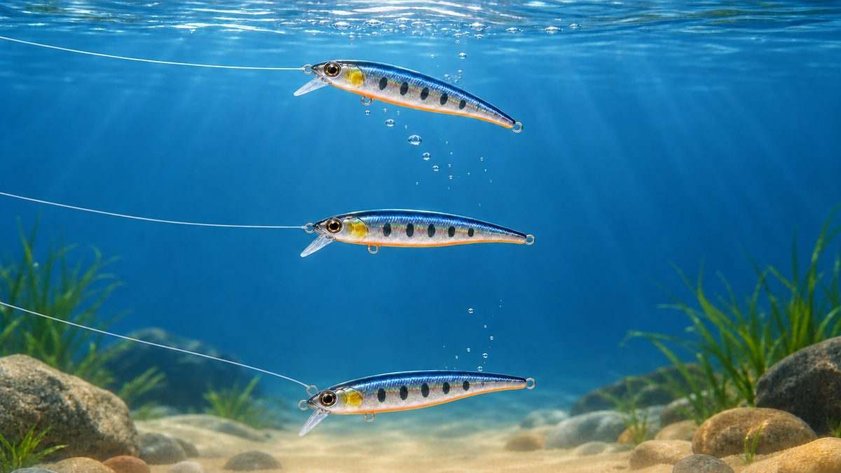 巻きを止めた後に浮上・水平保持・沈下する3本のミノー