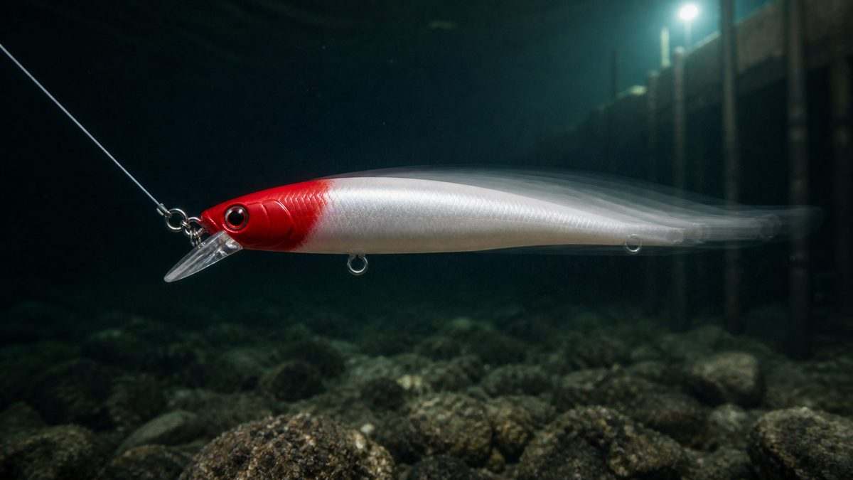 夜の水中で赤い頭部と白い後半部の見え方が異なるミノー