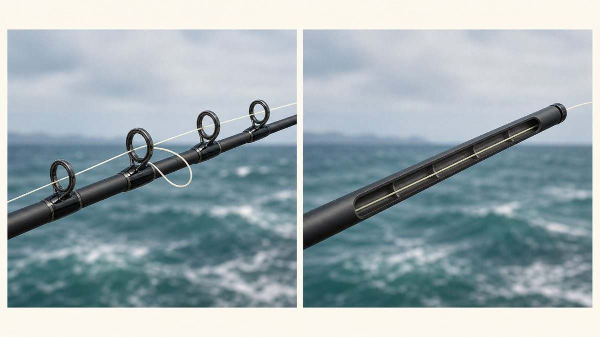 通常ガイド竿とインターラインロッドの糸絡みの違いを比較した図
