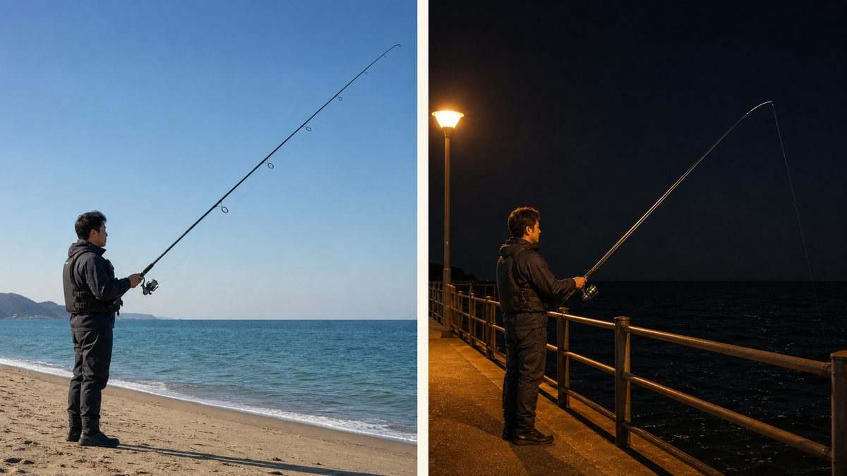 開けたサーフの通常ガイド竿と風のある夜釣りのインターラインを使い分ける図