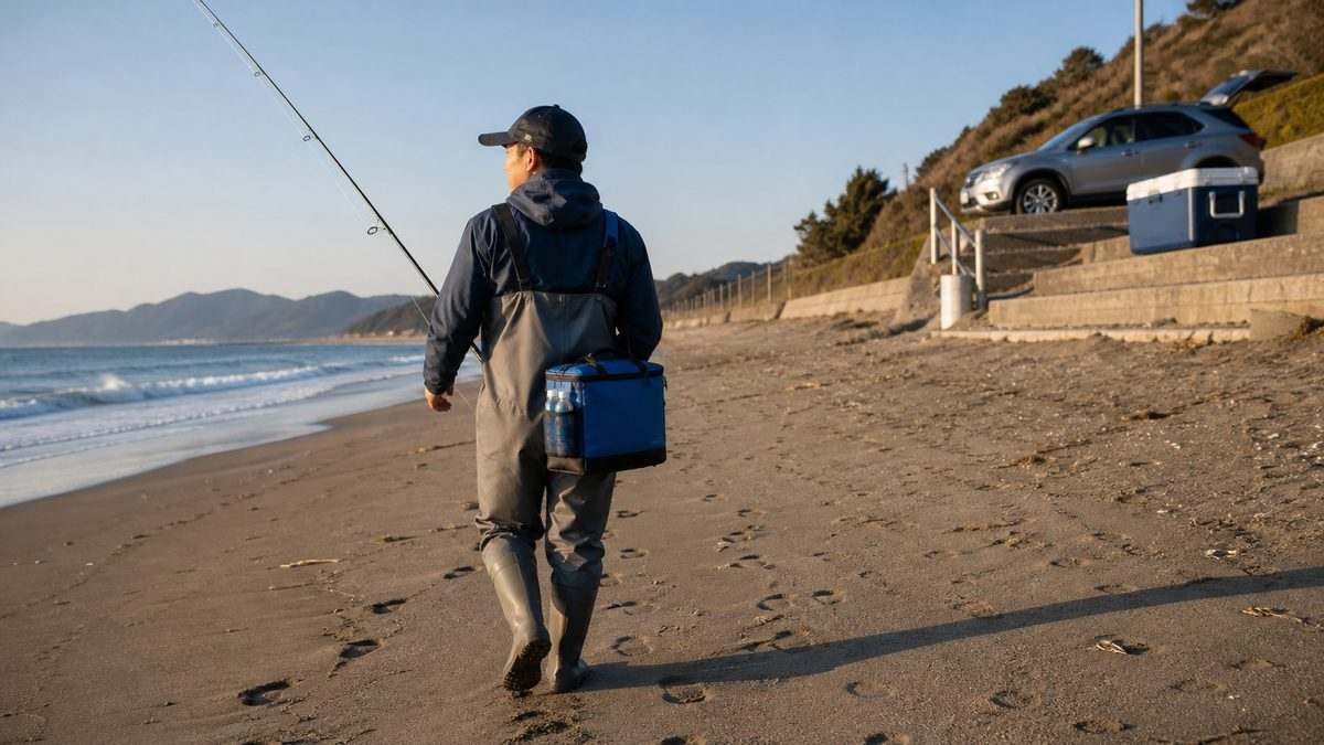 砂浜を軽装で移動する釣り人と車付近に置いた大型クーラー