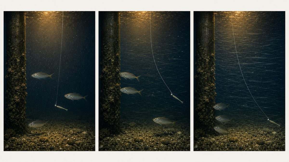 潮の弱まり・動き出し・速い流れで変わるルアーと魚の位置を比べた図
