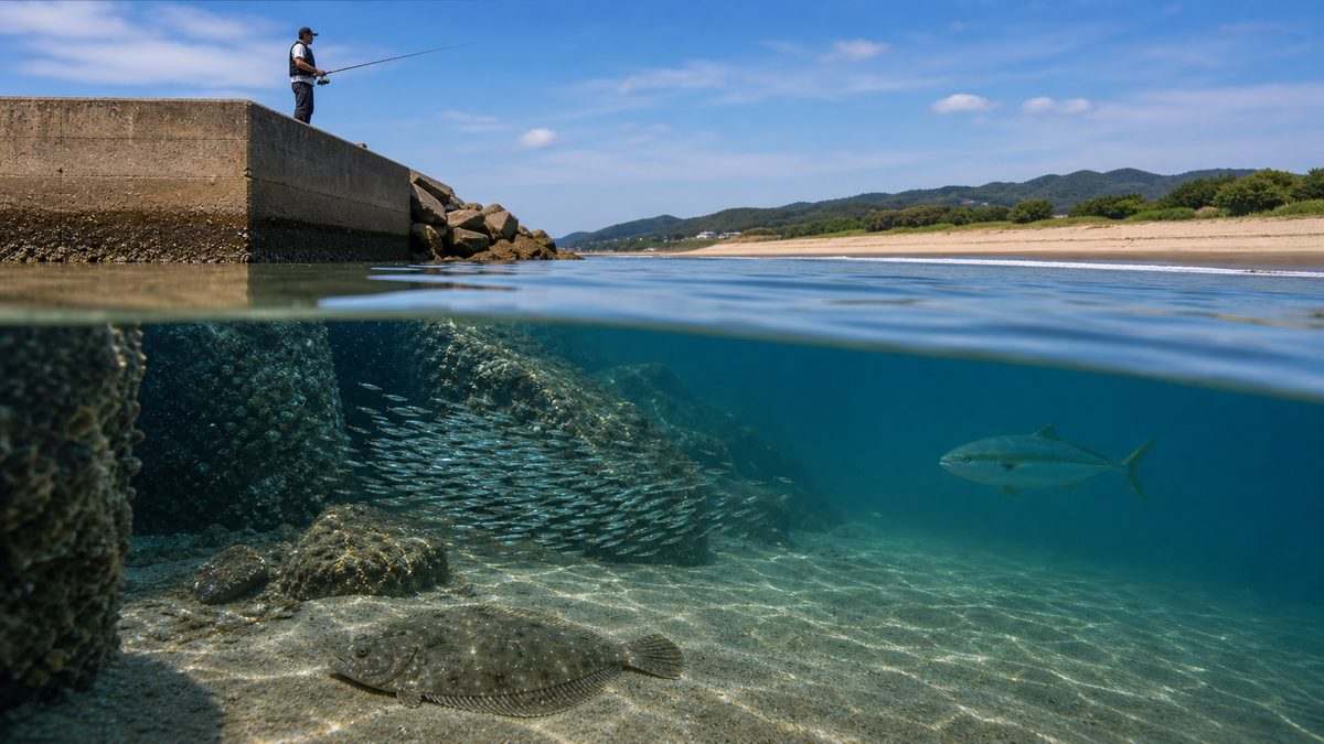 ベイトが集まる潮流と砂底・構造を観察する泳がせ釣りのポイント