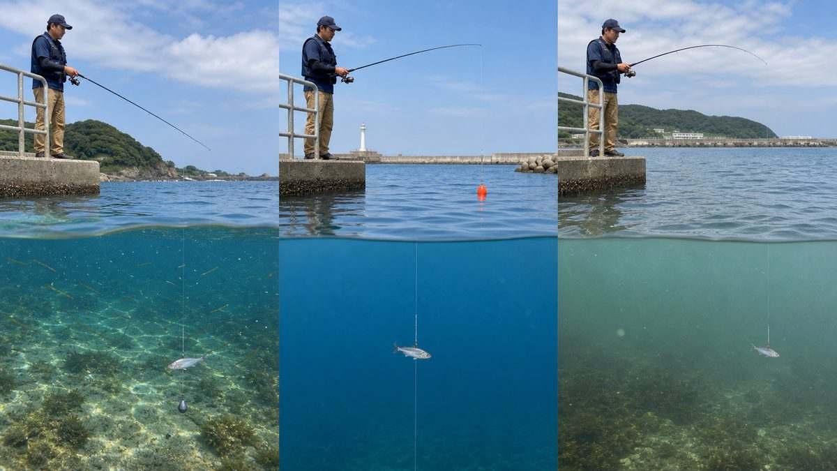 潮流・水色・タナに合わせて仕掛けを使い分ける場面