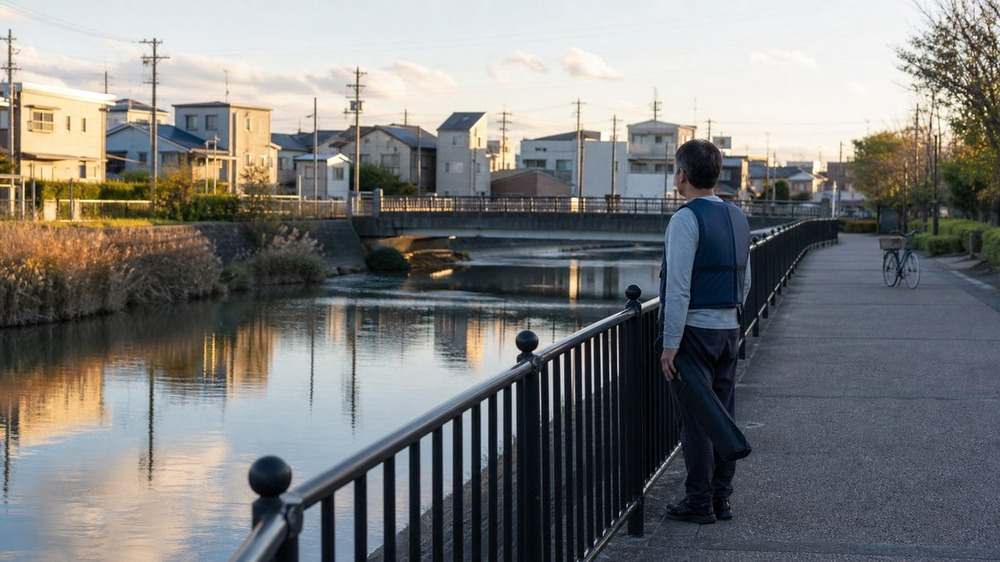 住宅地と低い橋の近くを流れる都市河川を上段歩道から観察する釣り人