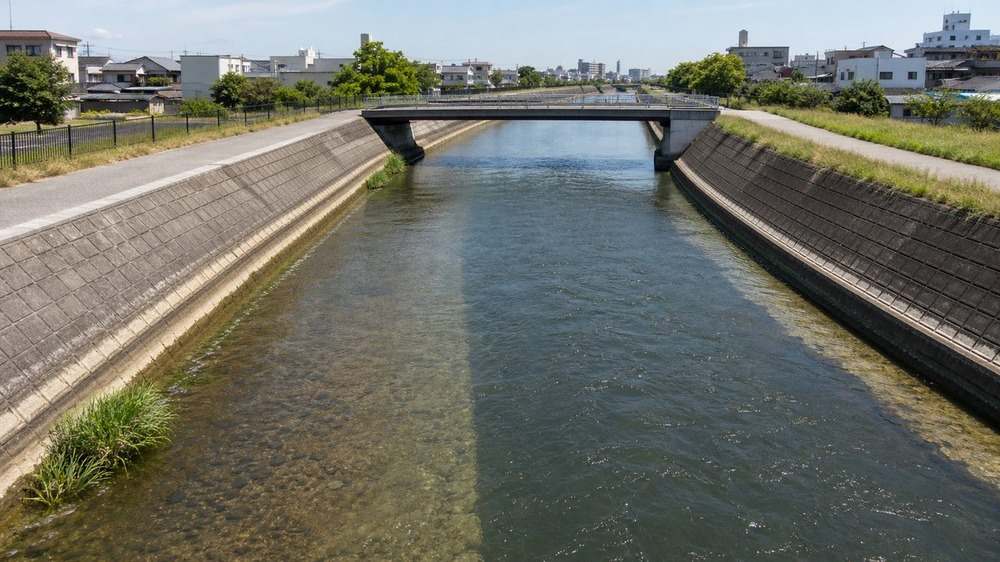 護岸の水位跡と浅場や橋下の深みが見える平坦な都市河川