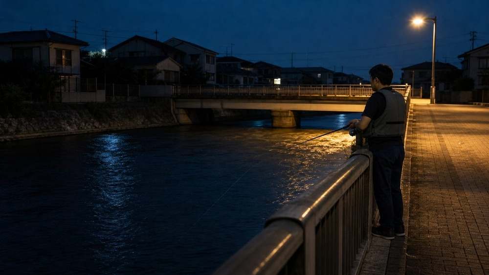夜の都市河川で橋の明暗境界を安全な上段歩道から狙うアングラー