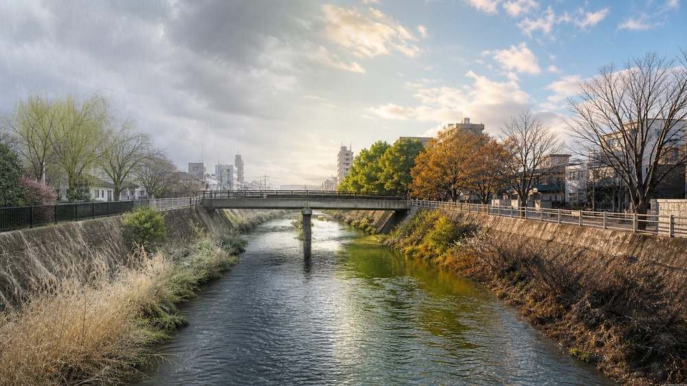都市河川の景観が春夏秋冬へ滑らかに移る連続パノラマ
