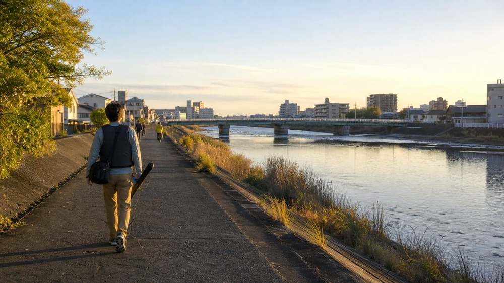 夕暮れの都市河川沿いを収納した釣り道具と歩くアングラー