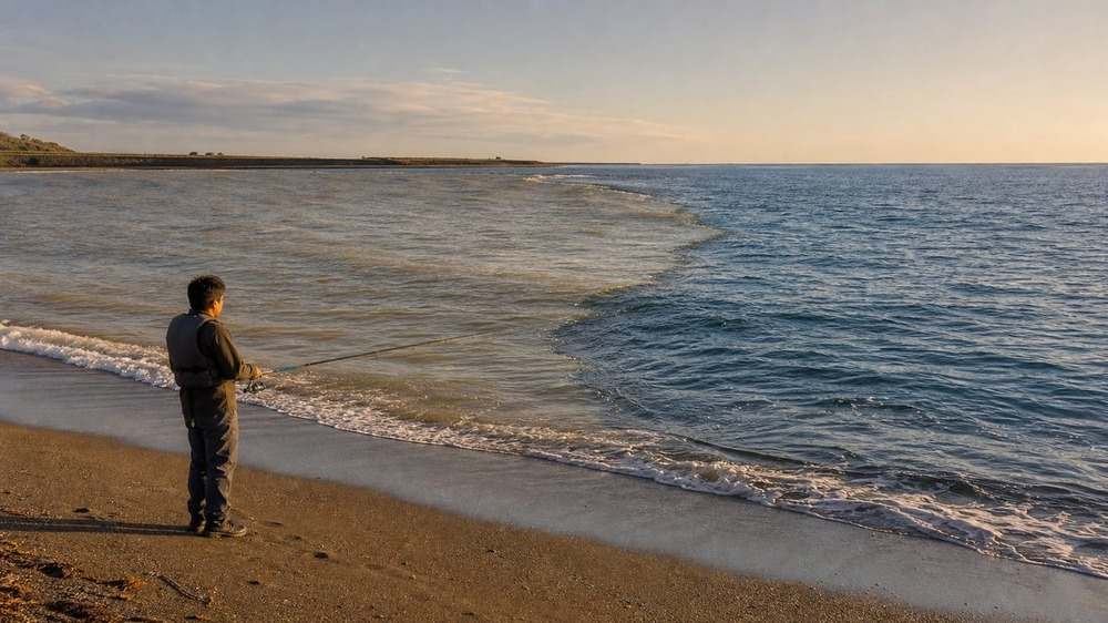馬込川の淡い濁りと遠州灘の海水が交わる河口東側のサーフ