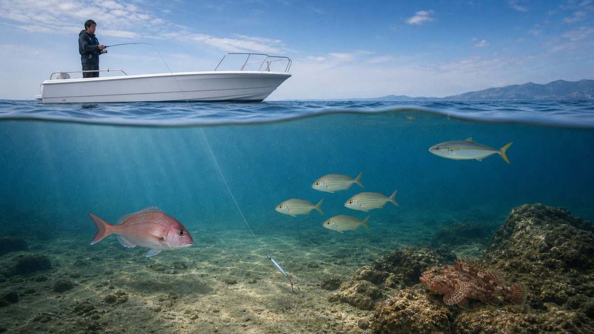軽量ジグが底層から中層の多彩な魚へ届くSLJの水中図