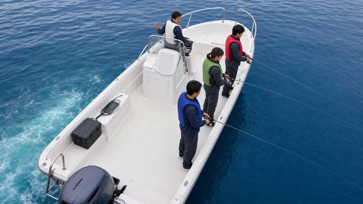 救命胴衣を着けて間隔とライン角度を揃える乗合船の釣り人