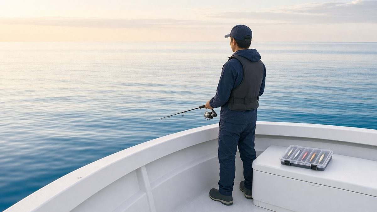 短いSLJロッドと整理したジグで遠州灘へ向き合う釣り人