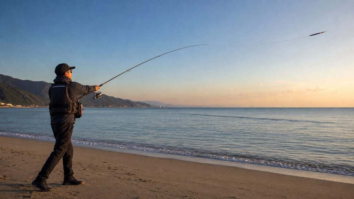 乾いた砂浜から安全に遠投するライフジャケット着用の釣り人