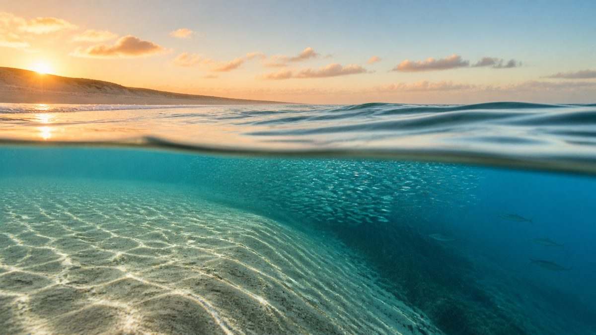 砂州と深みの境目に集まる小魚を示したサーフの半水中風景