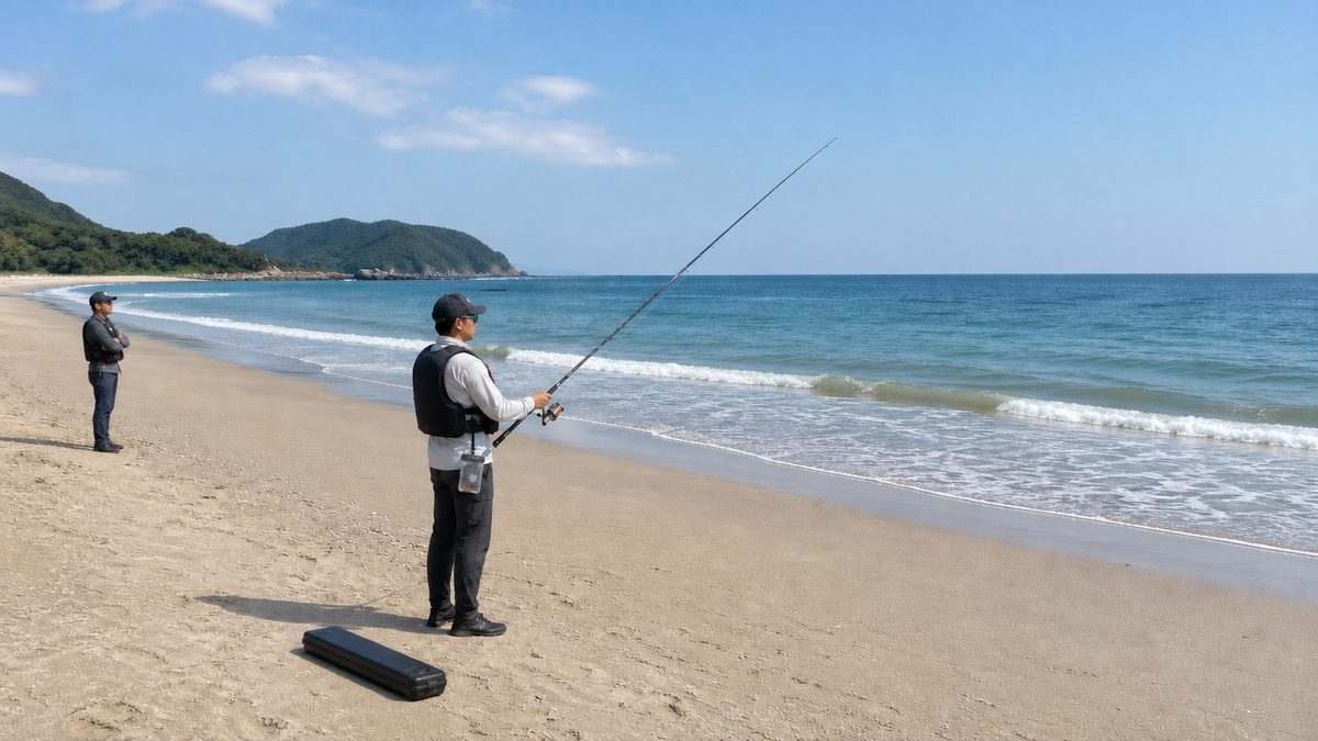 広い砂浜で安全な間隔を保つライフジャケット着用の2人
