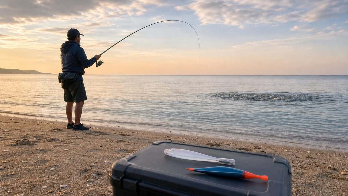 朝の砂浜で遠投し海面の小魚群を狙う釣り人と弓角仕掛け
