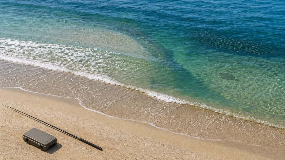 砂州と深みと小魚群と海底のヒラメを上空から見たサーフ