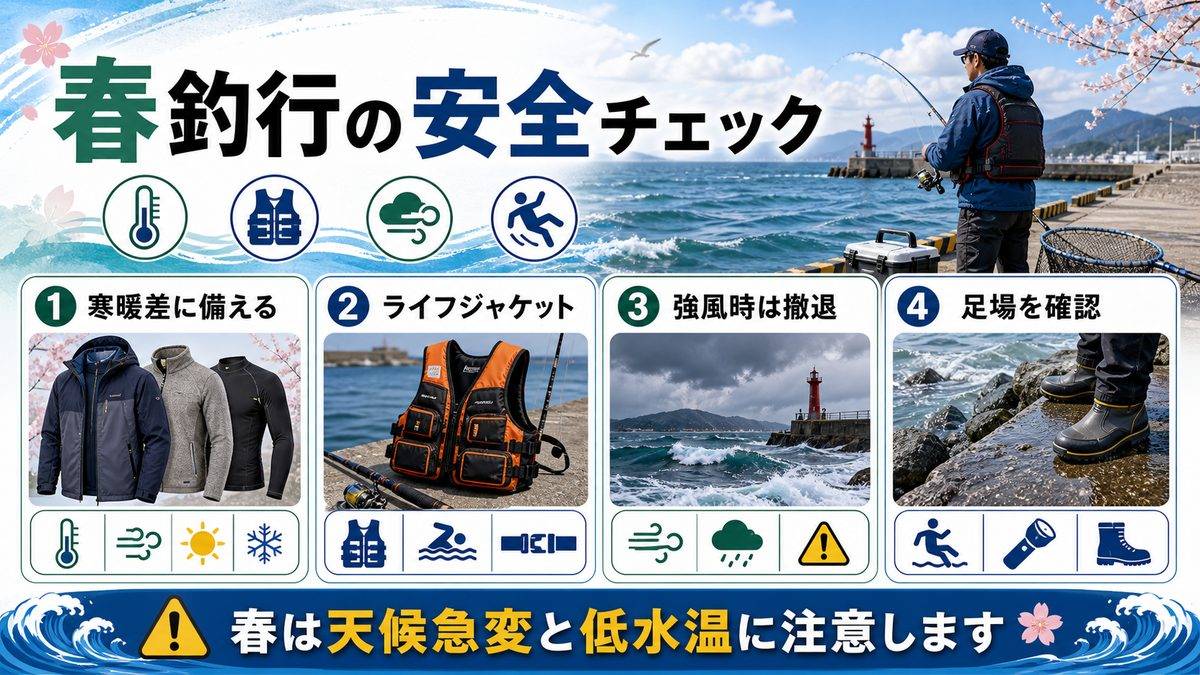 春の釣りの安全情報と注意事項の要点をまとめた釣り攻略インフォグラフィック