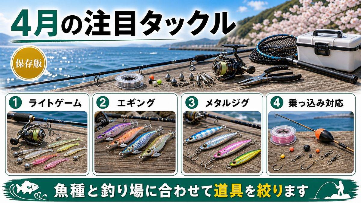 注目タックル情報：4月の釣りに活きる最新ギアの要点をまとめた釣り攻略インフォグラフィック
