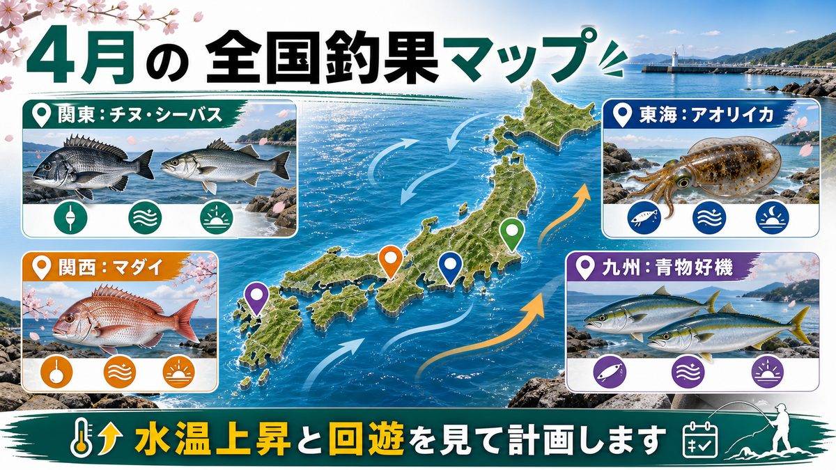全国シーズン別釣果情報（4月版）の要点をまとめた釣り攻略インフォグラフィック