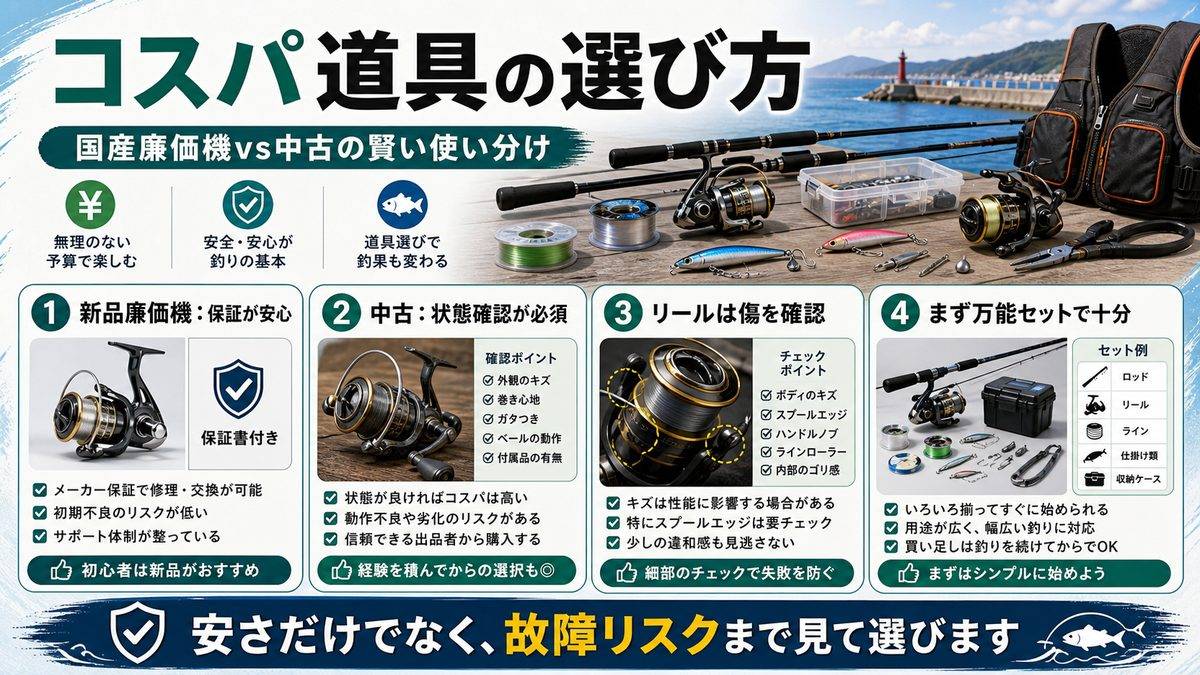 コスパの良いタックル選択|国産廉価機vs中古の賢い使い分けの要点をまとめた釣り攻略インフォグラフィック