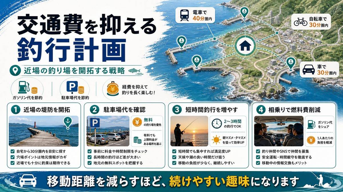 交通費の削減|近場の釣り場を開拓する戦略の要点をまとめた釣り攻略インフォグラフィック