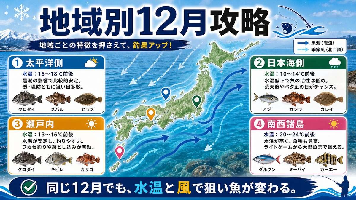地域別12月の釣り状況と狙い目の要点をまとめた釣り攻略インフォグラフィック