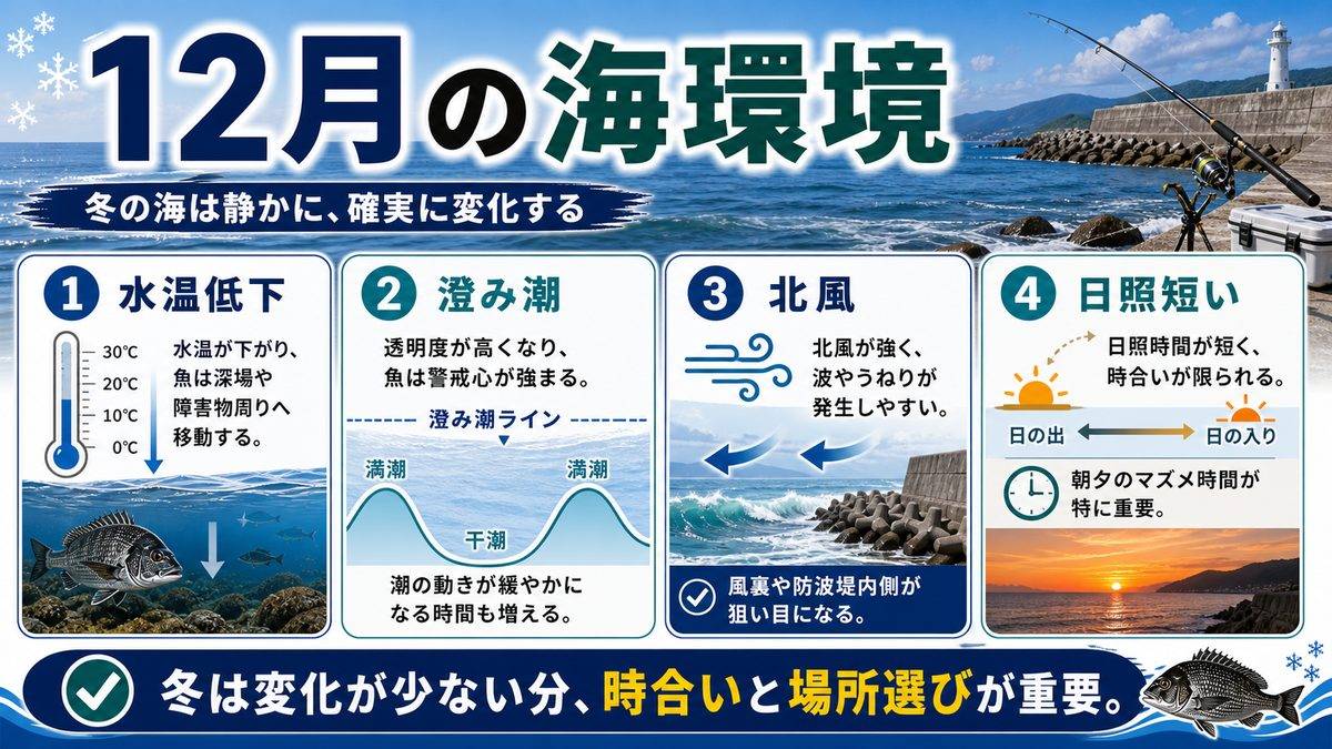 12月の海の環境｜水温・気候・潮の特徴の要点をまとめた釣り攻略インフォグラフィック