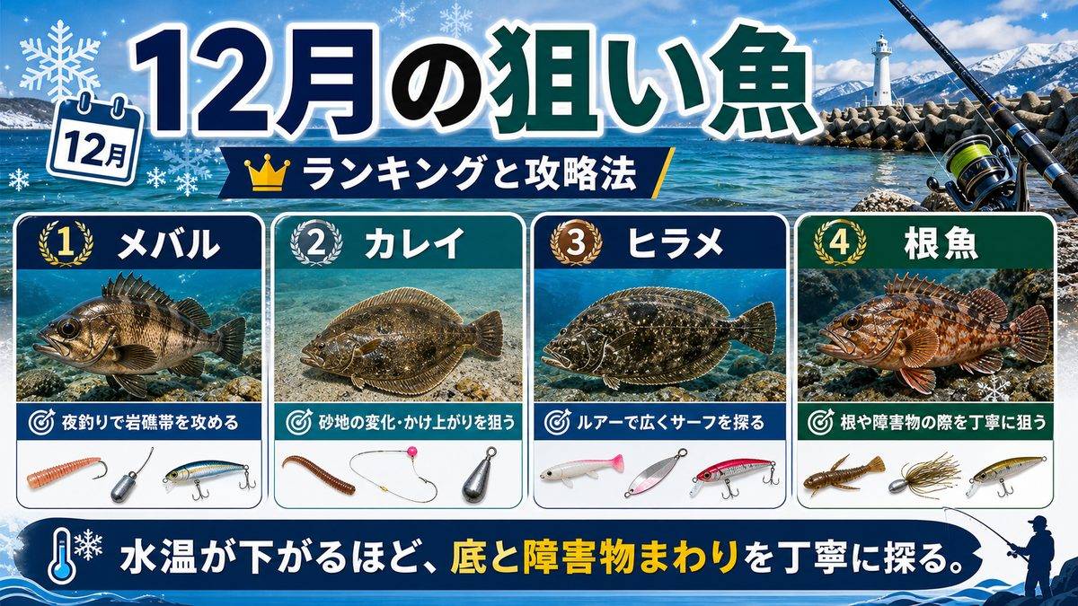 12月の狙い目魚種ランキングと攻略法の要点をまとめた釣り攻略インフォグラフィック