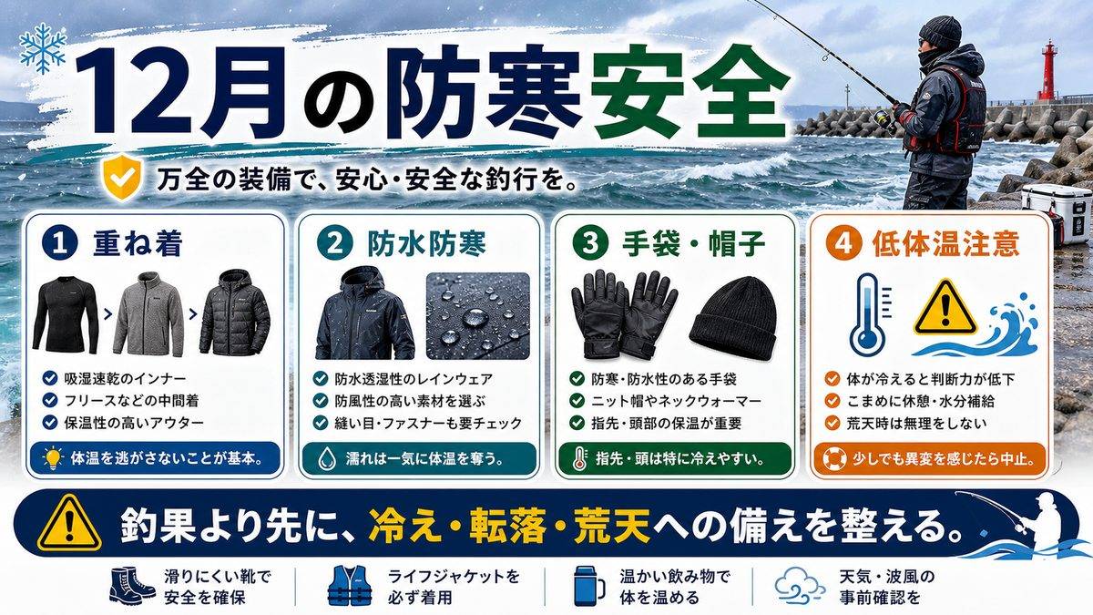12月の防寒対策と安全管理の要点をまとめた釣り攻略インフォグラフィック