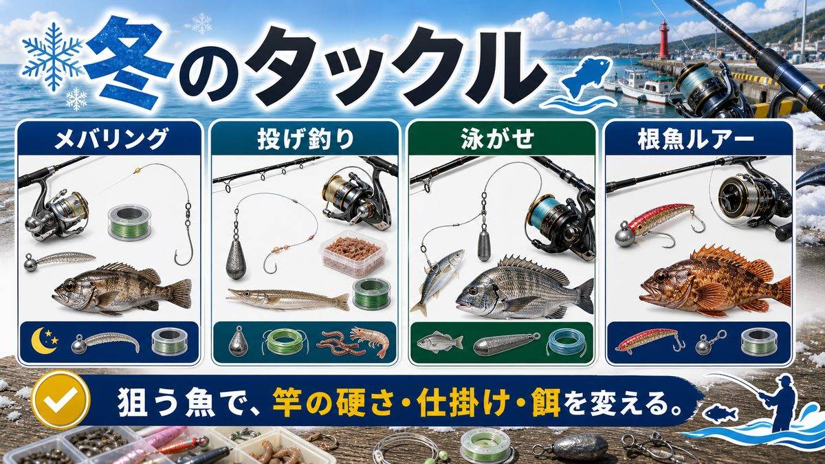 魚種別タックルと仕掛けガイドの要点をまとめた釣り攻略インフォグラフィック