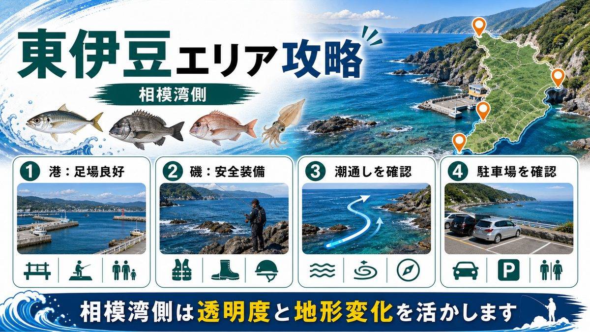 東伊豆エリアの釣りスポット——相模湾側の要点をまとめた釣り攻略インフォグラフィック
