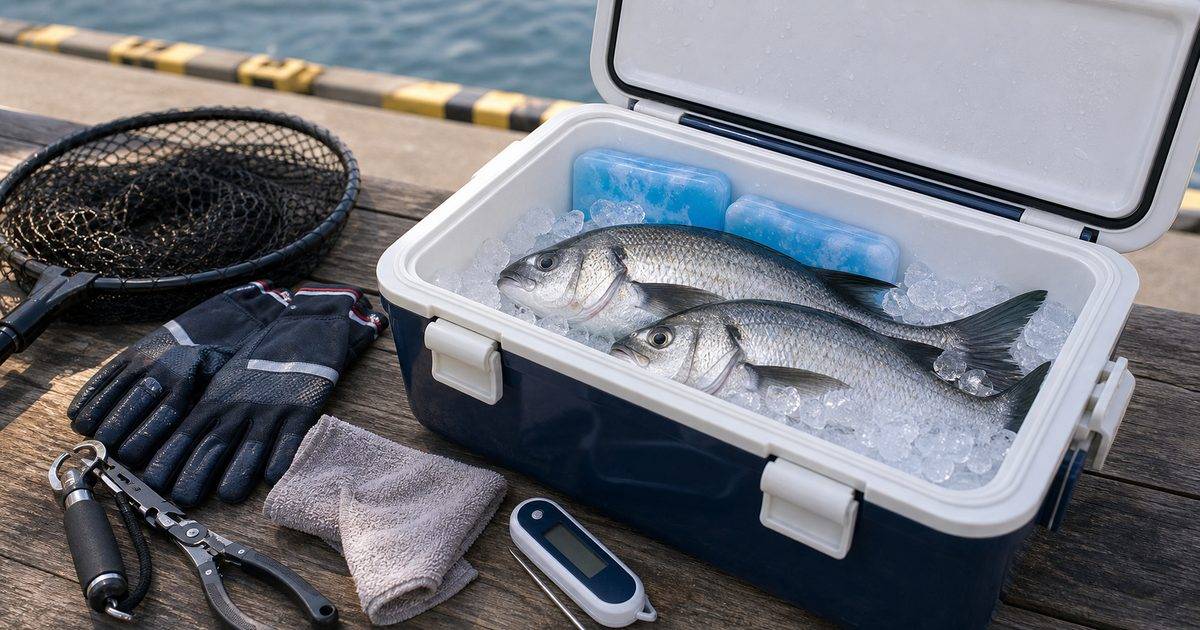 締めた魚を氷で保冷し鮮度を守るクーラーボックス
