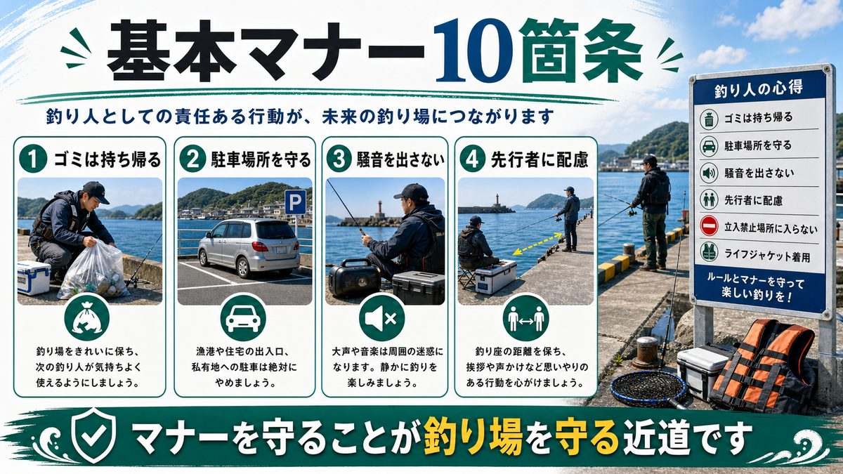 5. 釣り人が守るべき基本マナー10箇条の要点をまとめた釣り攻略インフォグラフィック