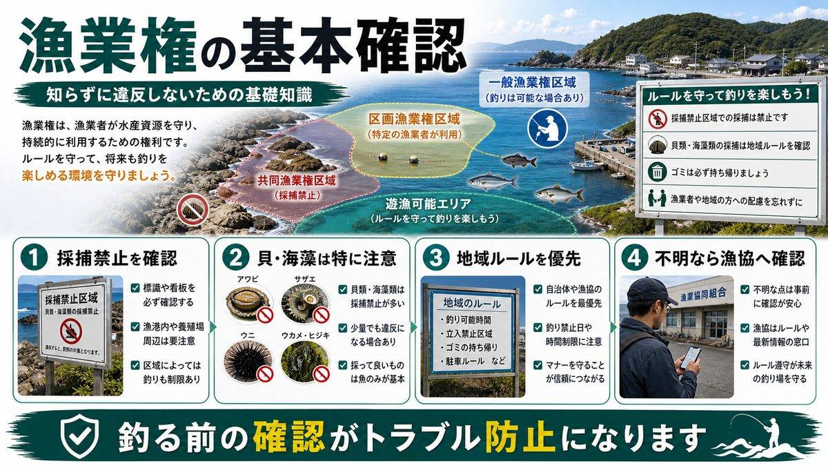 3. 漁業権と釣り｜知らずに違反しないための基礎知識の要点をまとめた釣り攻略インフォグラフィック