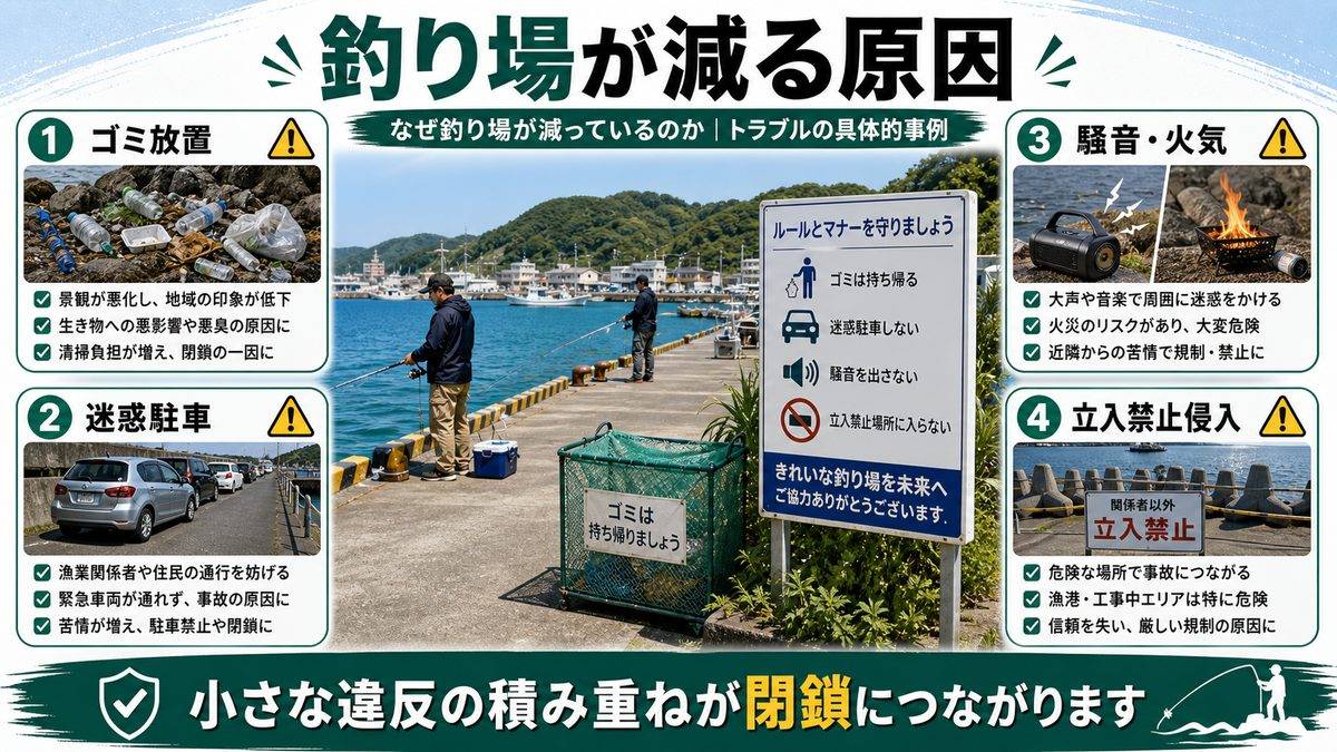 2. なぜ釣り場が減っているのか｜トラブルの具体的事例の要点をまとめた釣り攻略インフォグラフィック
