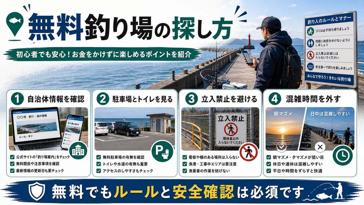 無料で楽しめる釣り場の探し方の要点をまとめた釣り攻略インフォグラフィック