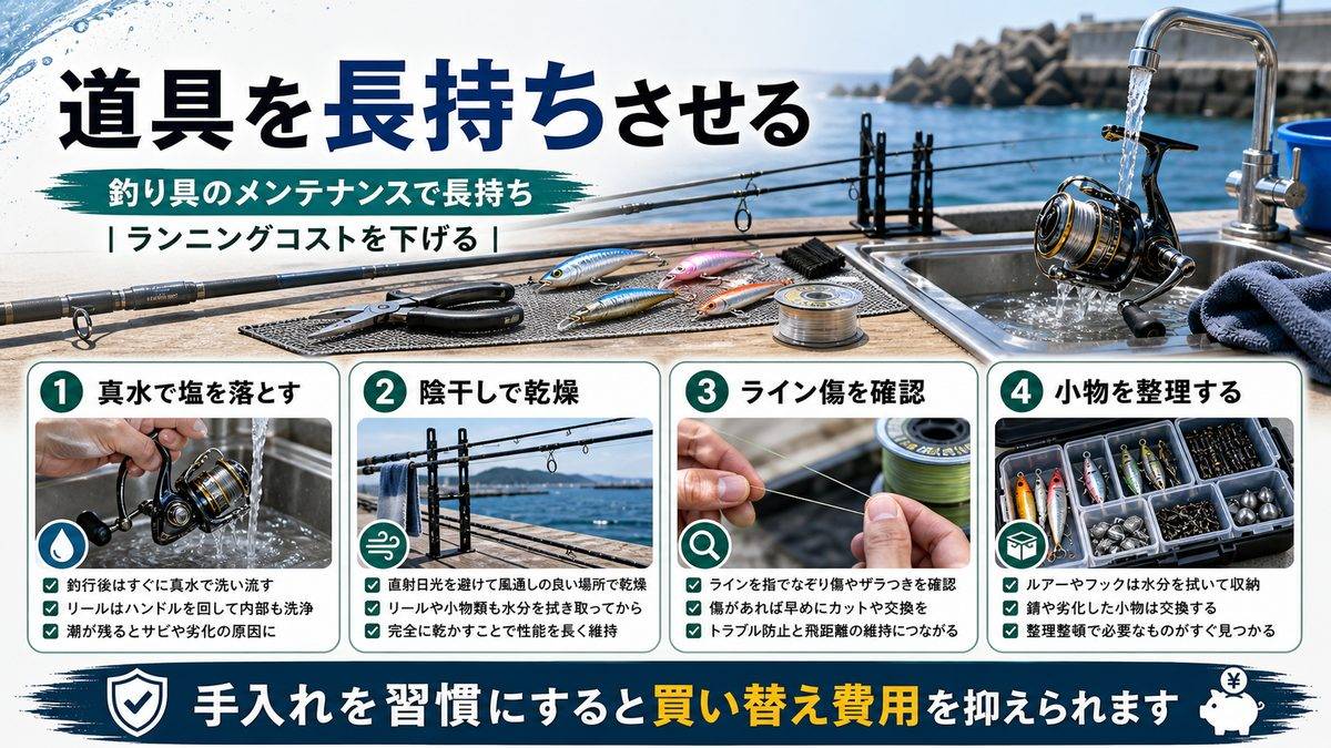 釣り具のメンテナンスで長持ち|ランニングコストを下げるの要点をまとめた釣り攻略インフォグラフィック