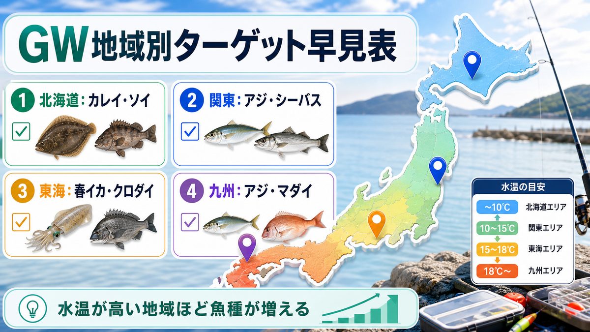 地域別GW釣り攻略カレンダーの要点をまとめた釣り攻略インフォグラフィック
