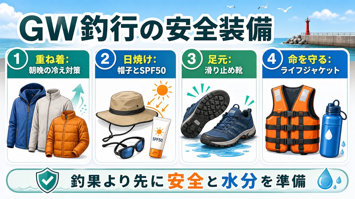 GW釣りの服装と装備——安全・快適に楽しむためにの要点をまとめた釣り攻略インフォグラフィック