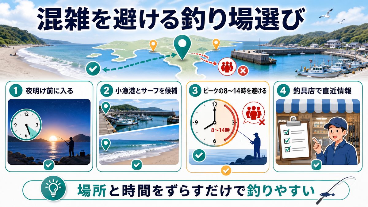 GWの釣り場選び——混雑を回避して最高の釣りをするの要点をまとめた釣り攻略インフォグラフィック